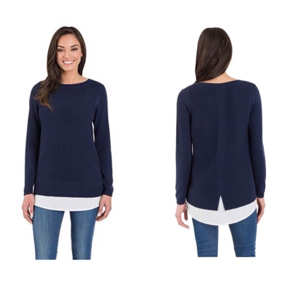 Hilary Radley Sweaters - Hilary Ridley Blue Sweater with White Hem